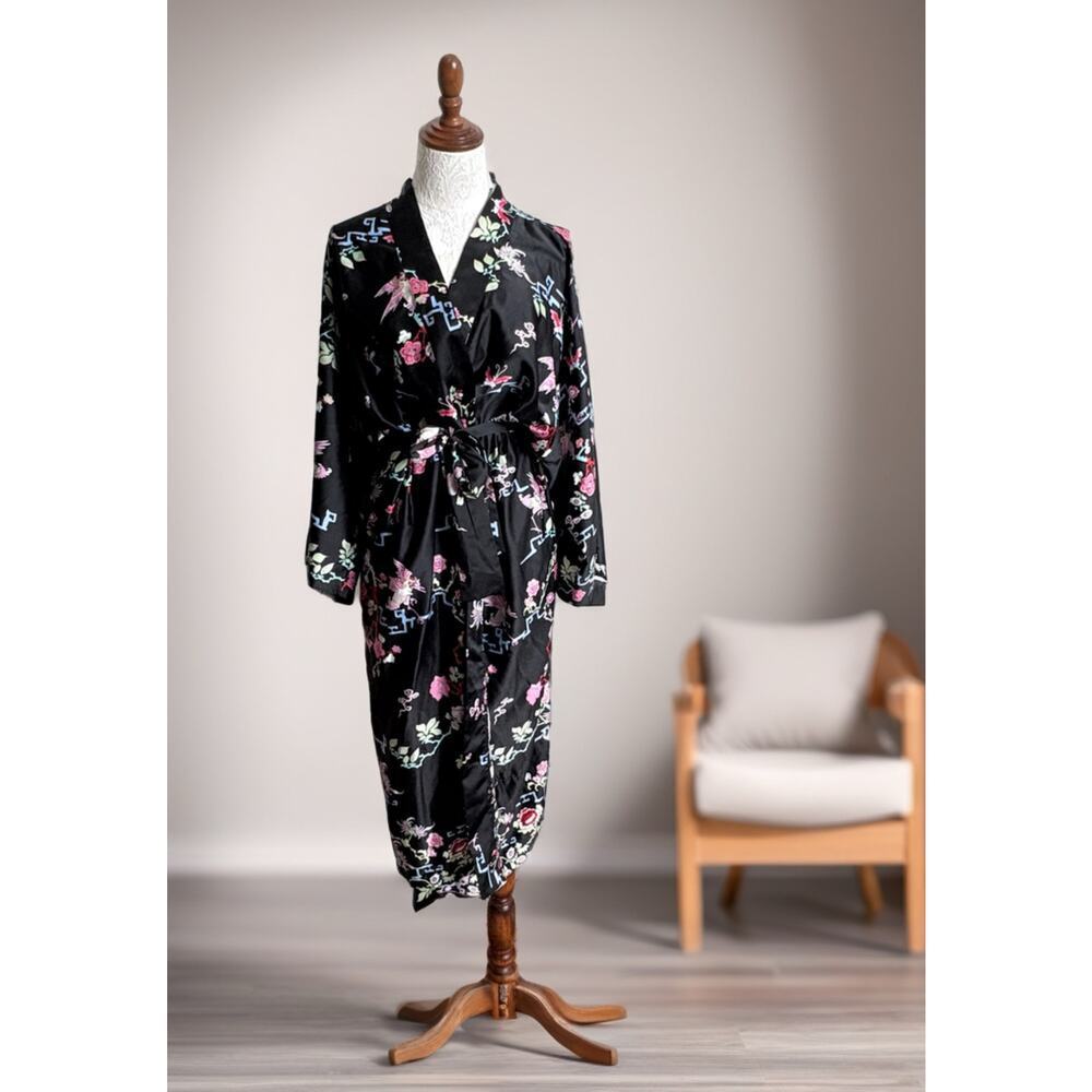 Natori Cruz Satin Floral Kimono Robe Belted Black Butterfly Print M